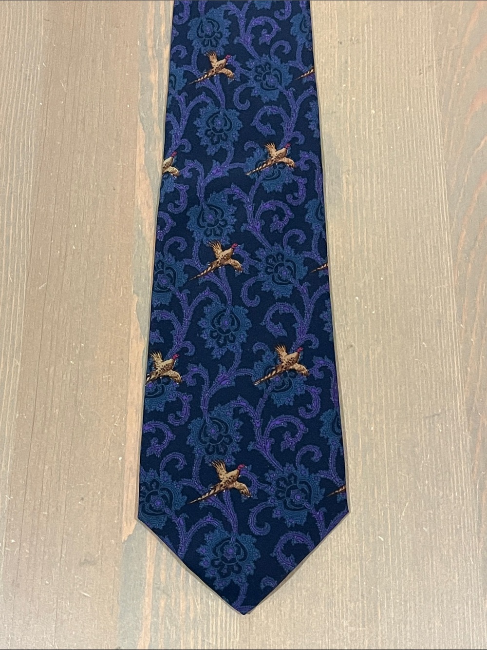 Vintage Silk Tie Pheasants Flying Blue Paisley Outdoor Hunting Preppy Italy Made
